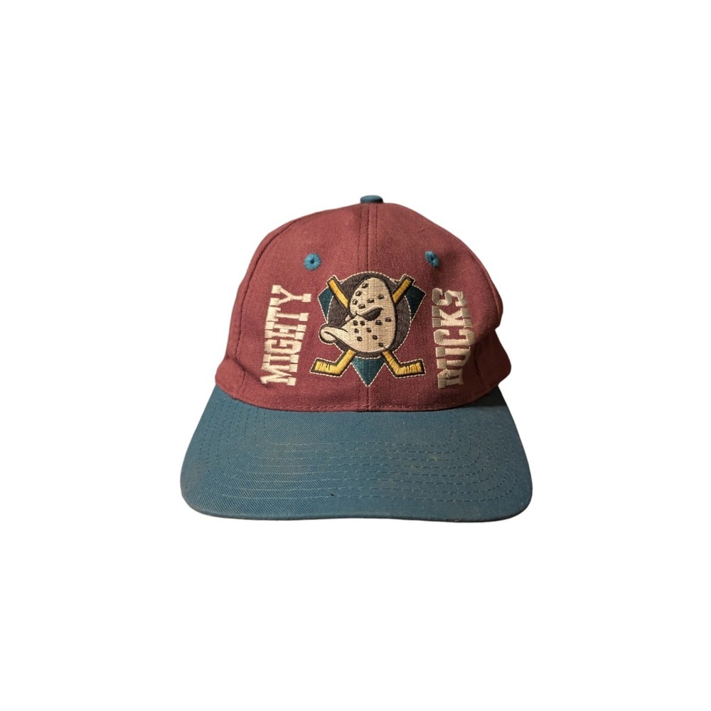 Vintage 90s Mighty Ducks Anaheim Snapback Hat Annco NHL Hockey Eggplant Jade Cap